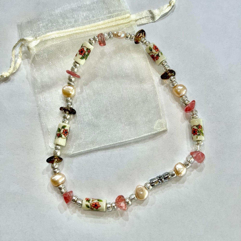 Handmade anklet bracelet genuine pearls and quartz 10.5”